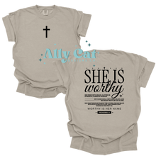 Load image into Gallery viewer, She is Worthy Scripture Cross Tee
