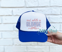 Load image into Gallery viewer, red white and blonde trucker hat
