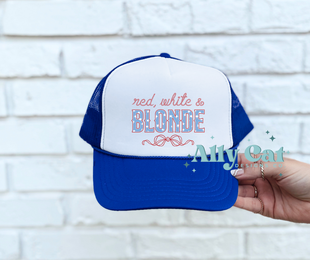 red white and blonde trucker hat