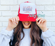 Load image into Gallery viewer, red white and blonde trucker hat
