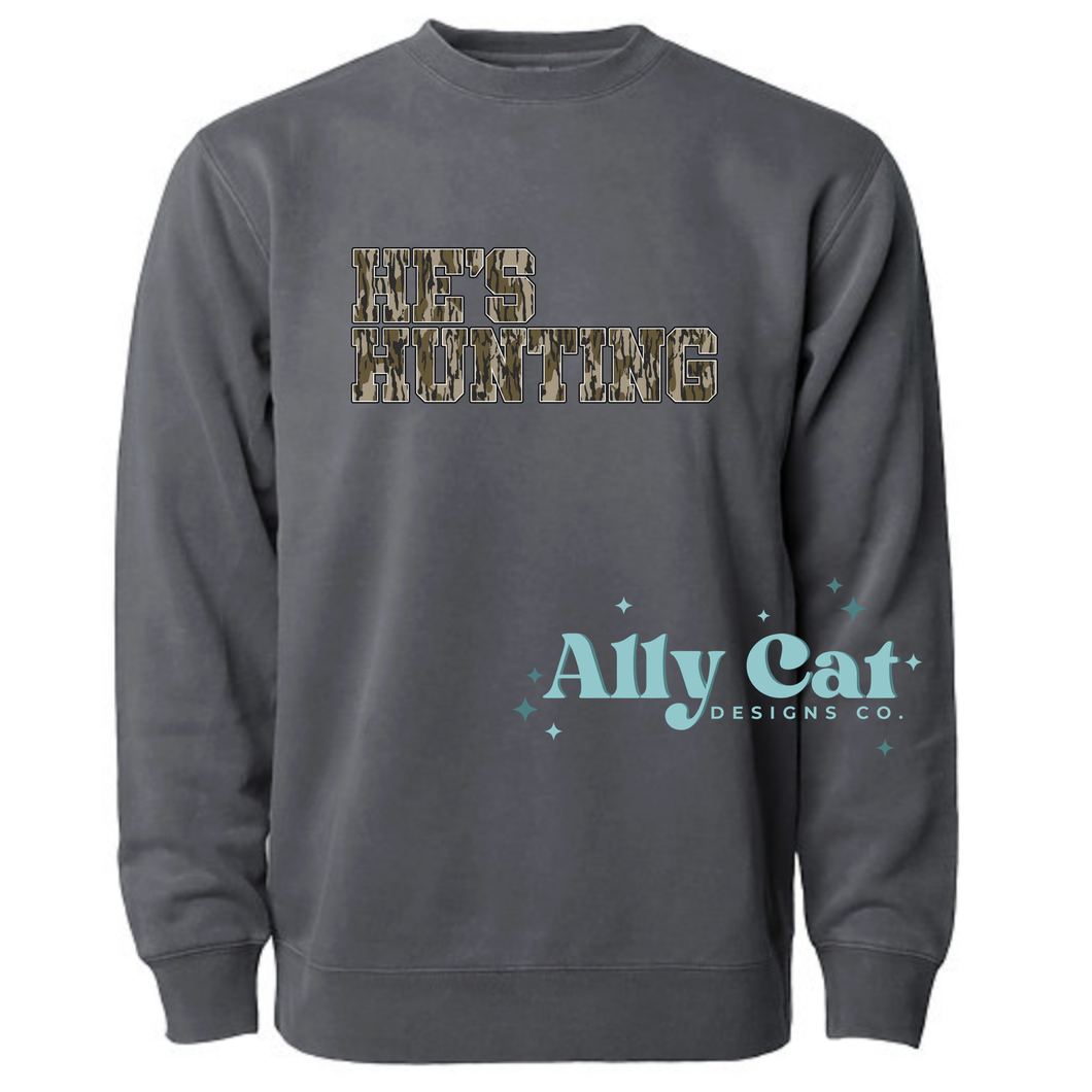 He's Hunting Camo Print Crewneck
