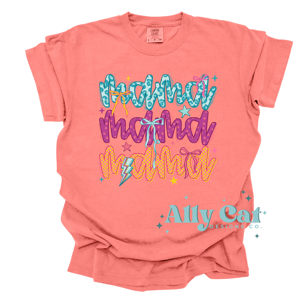 neon mama checkered bow tee